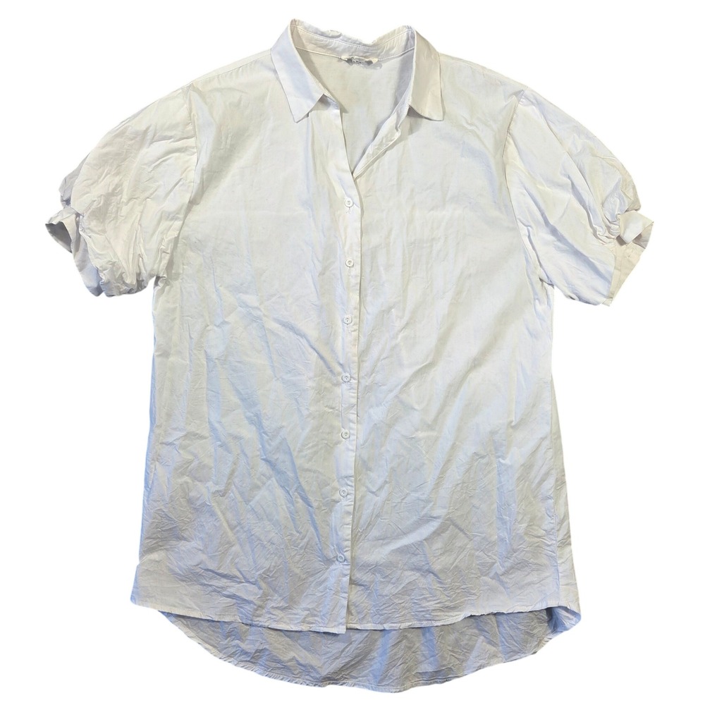 GeeGee Womens White Cotton Puff Short Sleeve Button Down Shirt Small Minimalist